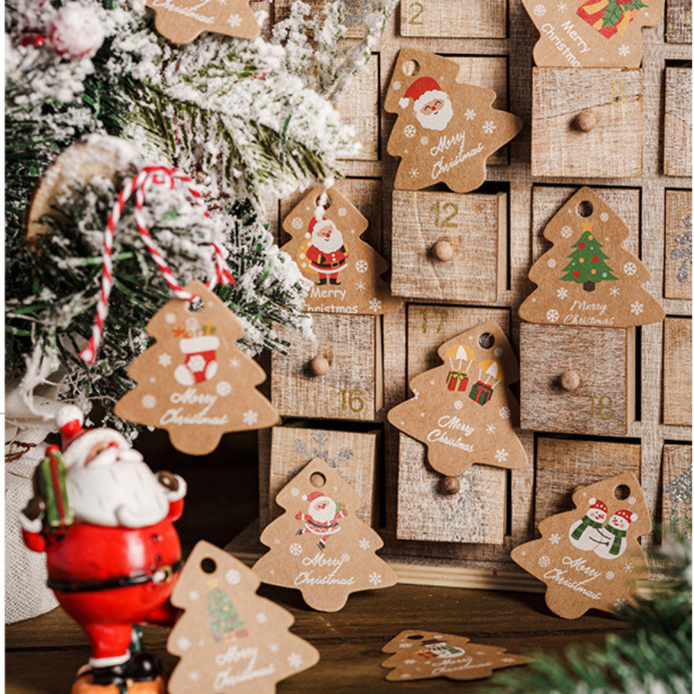 50 Tag giấy treo hộp quà, cây thông giáng sinh TE64 TE32, thẻ trang trí noel hoạ tiết ông già noel