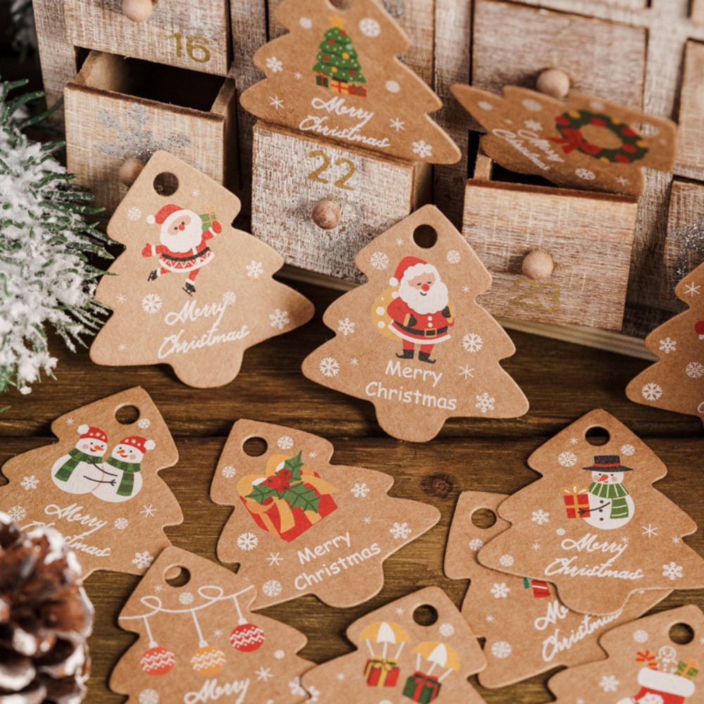 50 Tag giấy treo hộp quà, cây thông giáng sinh TE64 TE32, thẻ trang trí noel hoạ tiết ông già noel