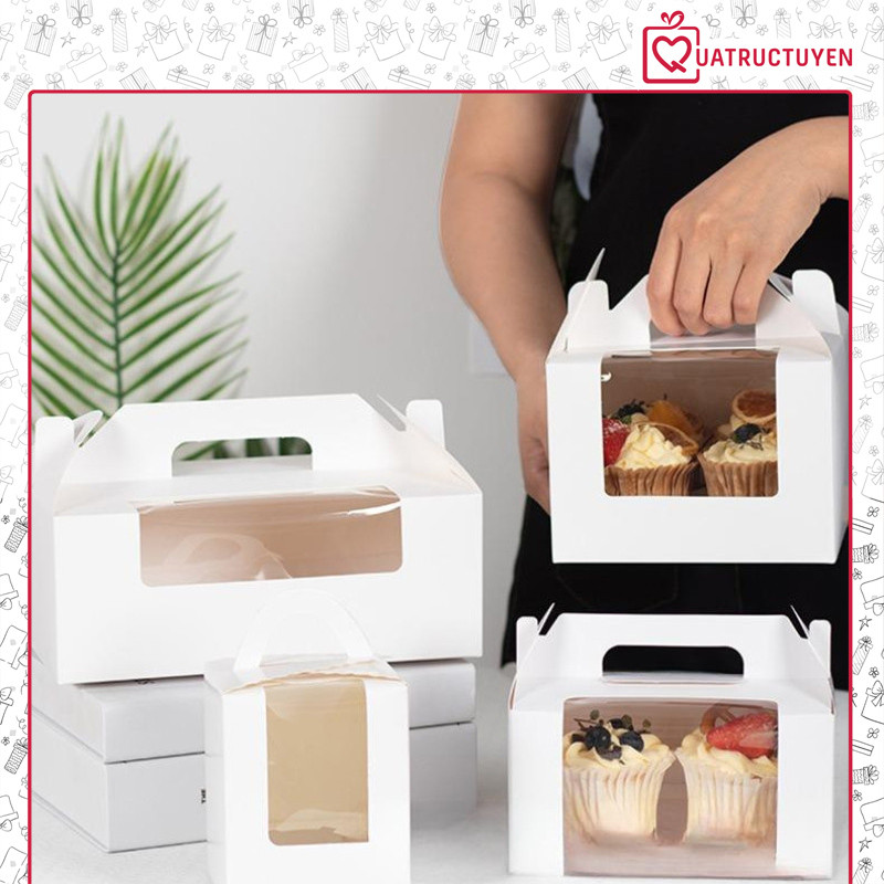 [Combo 2]Hộp giấy mặt kính mica đựng bánh cupcake có quai H45 để bánh kem hoa làm quà tặng handmade