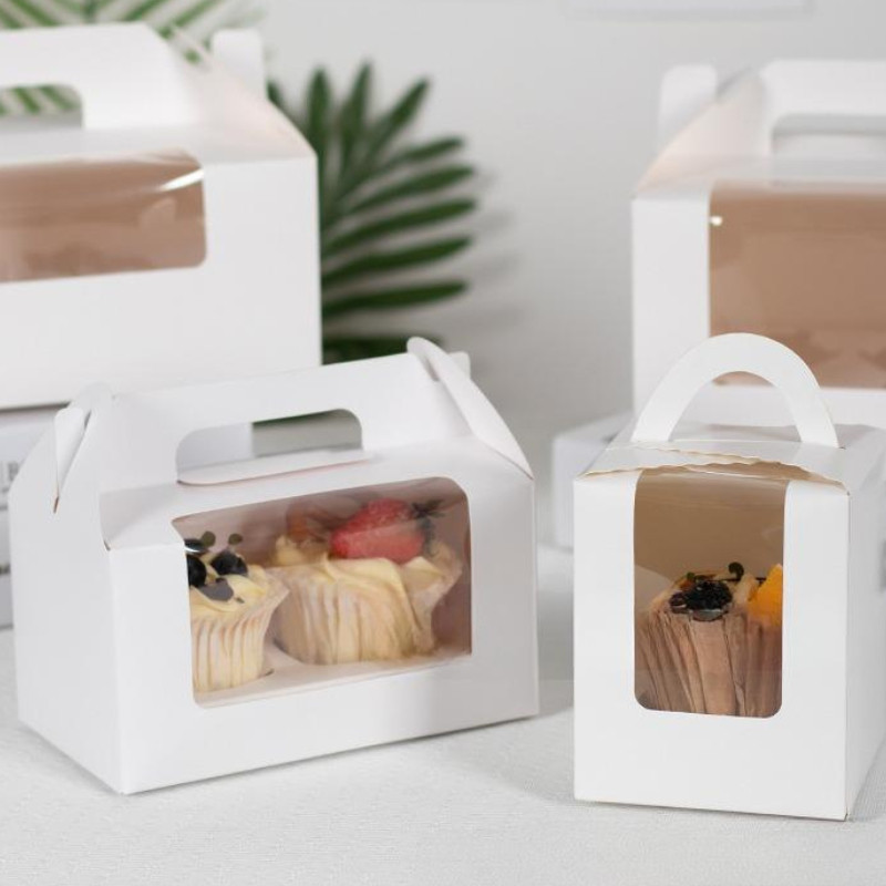 [Combo 2]Hộp giấy mặt kính mica đựng bánh cupcake có quai H45 để bánh kem hoa làm quà tặng handmade