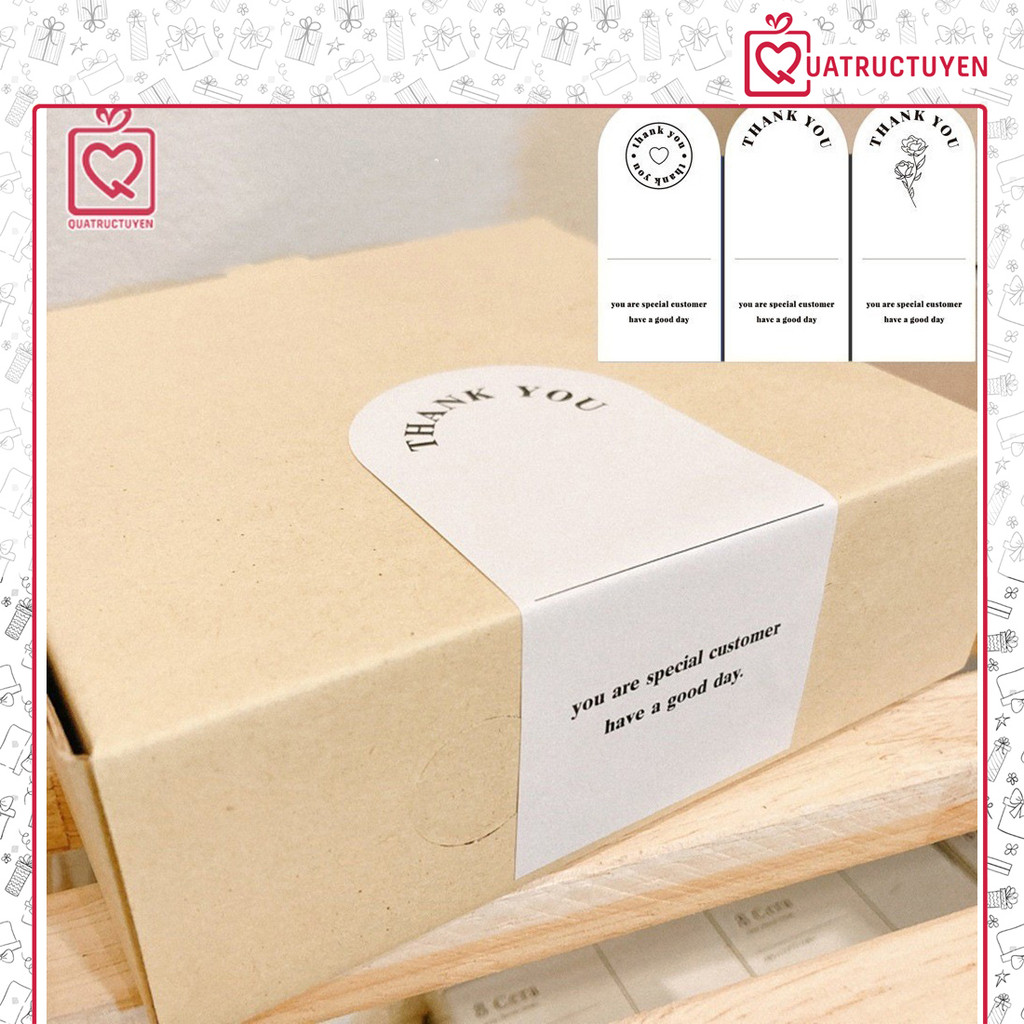 50 tem 13x6cm nền trắng in chữ Thank you TE43 đề can Cảm ơn nghệ thuật dán hộp túi quà, niêm phong