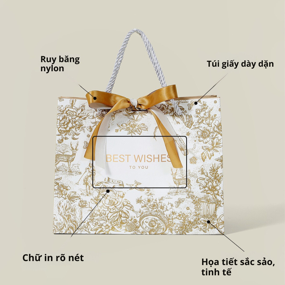 [Combo 3]Túi giấy đựng quà trắng họa tiết hoa vàng cổ diển sang trọng TU38 túi quà tặng các dịp