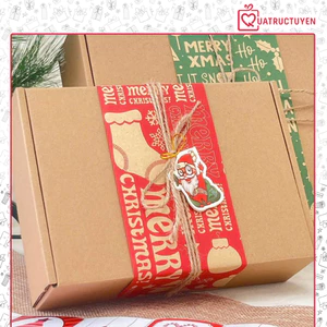 Hộp đựng quà giáng sinh kraft kèm rơm lót hộp quà in tem trang trí noel H02