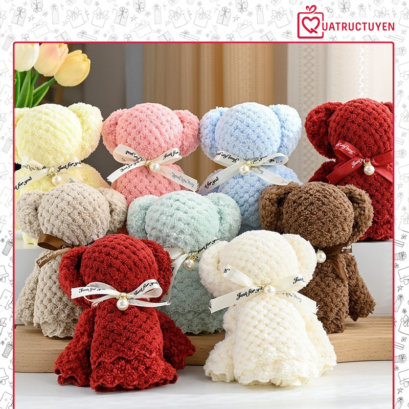 Khăn mặt gấp hình gấu teddy mini dễ thương khăn lông cừu san hô trang trí, quà tặng
