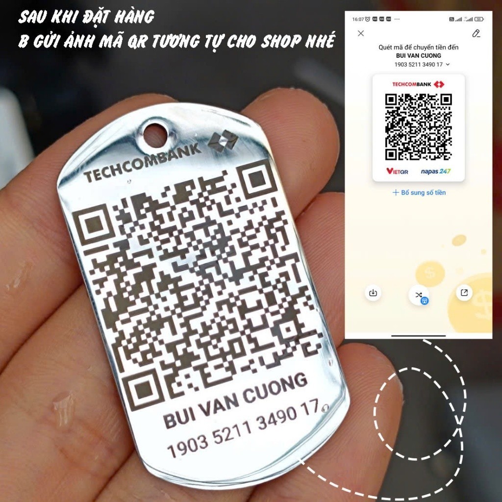 Thẻ tên kim loại khắc tên bo góc làm móc khóa, mặt vòng cổ  [Khắc theo yêu cầu] hình QR số tài khoản, tên thú cưng