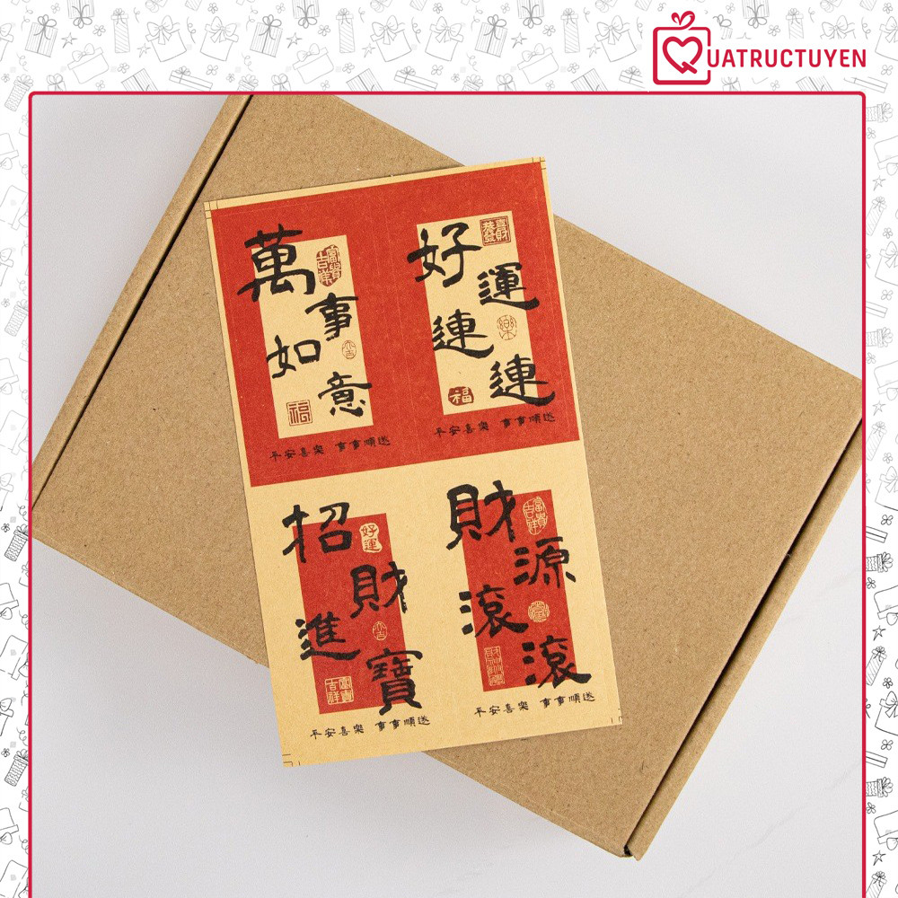 Set 100 tem đỏ in chữ hán Vạn sự như ý dán hộp quà Tết TE67 tem sticker niêm phong dán trang trí