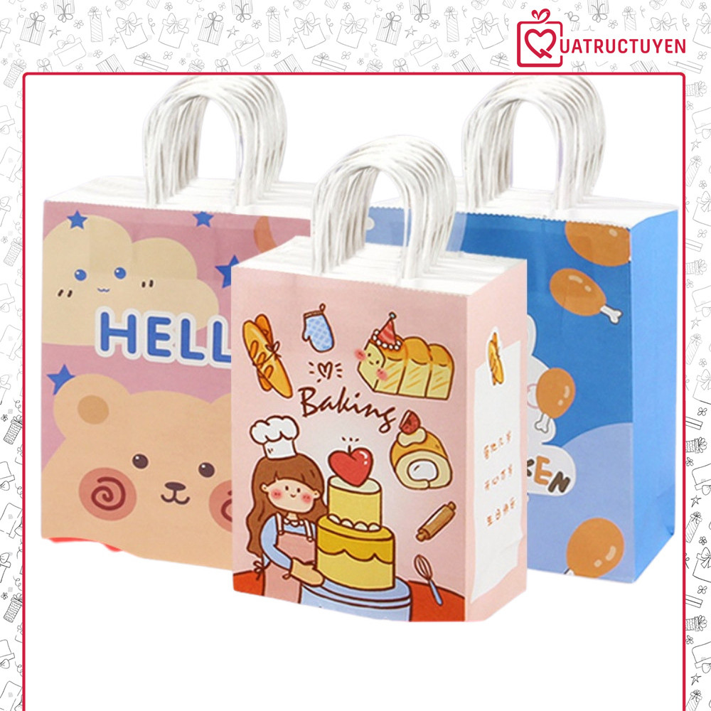 [Combo 3]Túi giấy trắng kraft đựng quà tặng handmade sinh nhật in họa tiết họat hình thú đáng yêu TU40