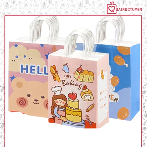 Túi giấy trắng kraft đựng quà tặng handmade sinh nhật in họa tiết họat hình thú đáng yêu TU40