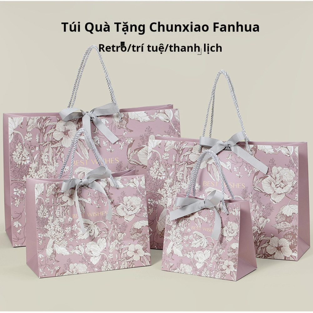 [Combo 2] Túi giấy đựng quà tím họa tiết hoa trắng thanh lịch TU37 túi quà tặng thiết kế quai kèm nơ sang trọng
