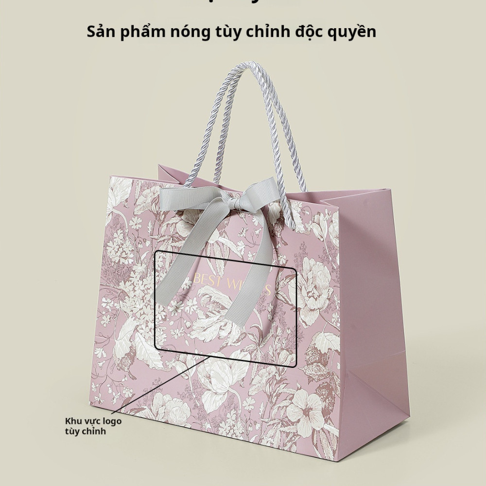 [Combo 2] Túi giấy đựng quà tím họa tiết hoa trắng thanh lịch TU37 túi quà tặng thiết kế quai kèm nơ sang trọng