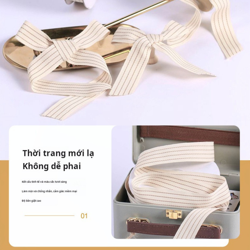 (lẻ 2m) Ruy băng vải cotton lanh sọc phong cách cổ điển họa tiết sọc vintage RB10