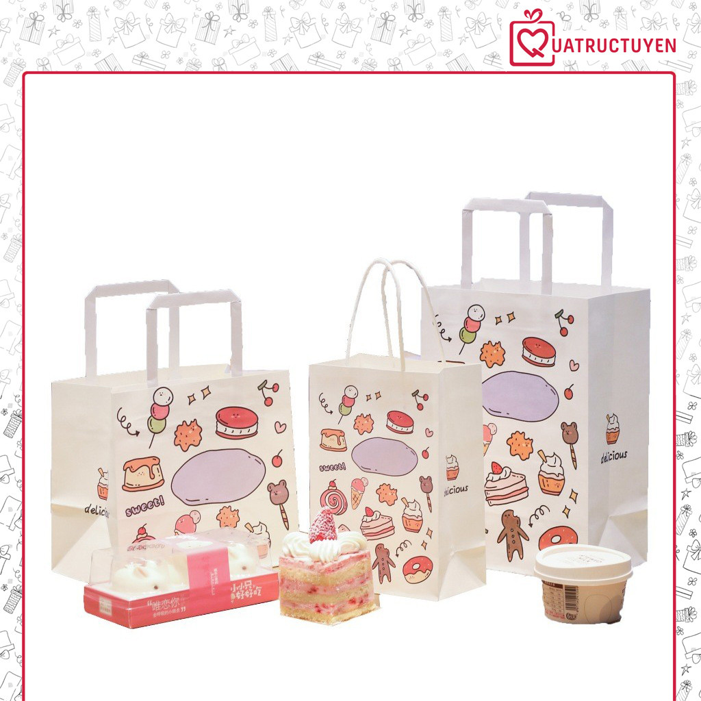 [Combo 3]Túi quà giấy trắng họa tiết bánh kem đựng quà tặng handmade, bánh kẹo, đáy nhiều size TU34
