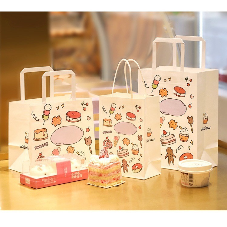 [Combo 3]Túi quà giấy trắng họa tiết bánh kem đựng quà tặng handmade, bánh kẹo, đáy nhiều size TU34