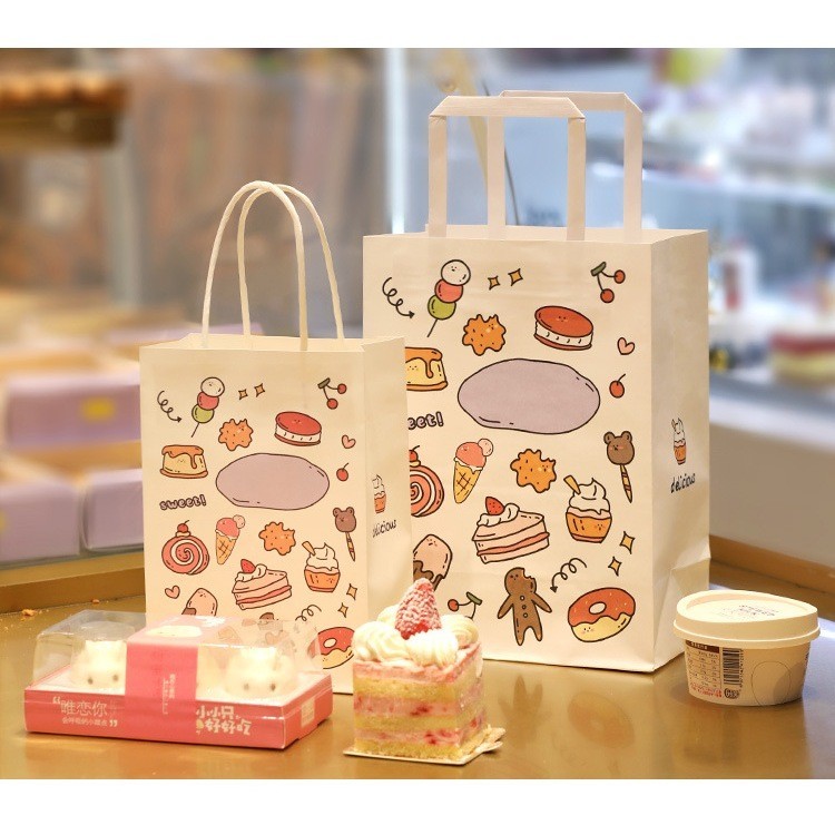 [Combo 3]Túi quà giấy trắng họa tiết bánh kem đựng quà tặng handmade, bánh kẹo, đáy nhiều size TU34