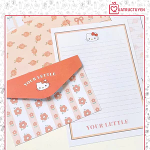 Set phong bì +giấy viết thư TH33 in hình mèo hồng hoạt hình KT, Bông hoa dễ thương bưu thiếp tặng quà