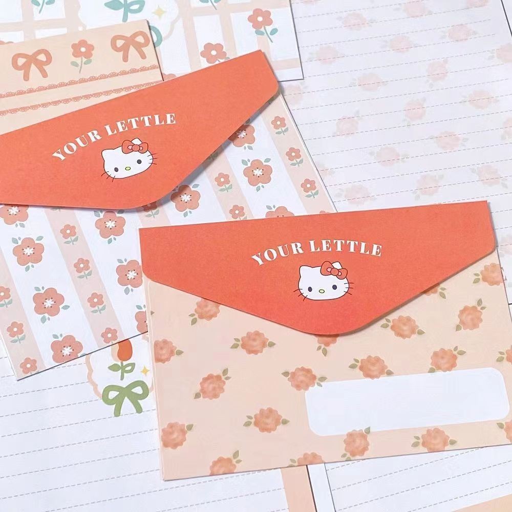 [Combo 3]Set phong bì +giấy viết thư TH33 in hình mèo hồng hoạt hình KT, Bông hoa dễ thương bưu thiếp tặng quà