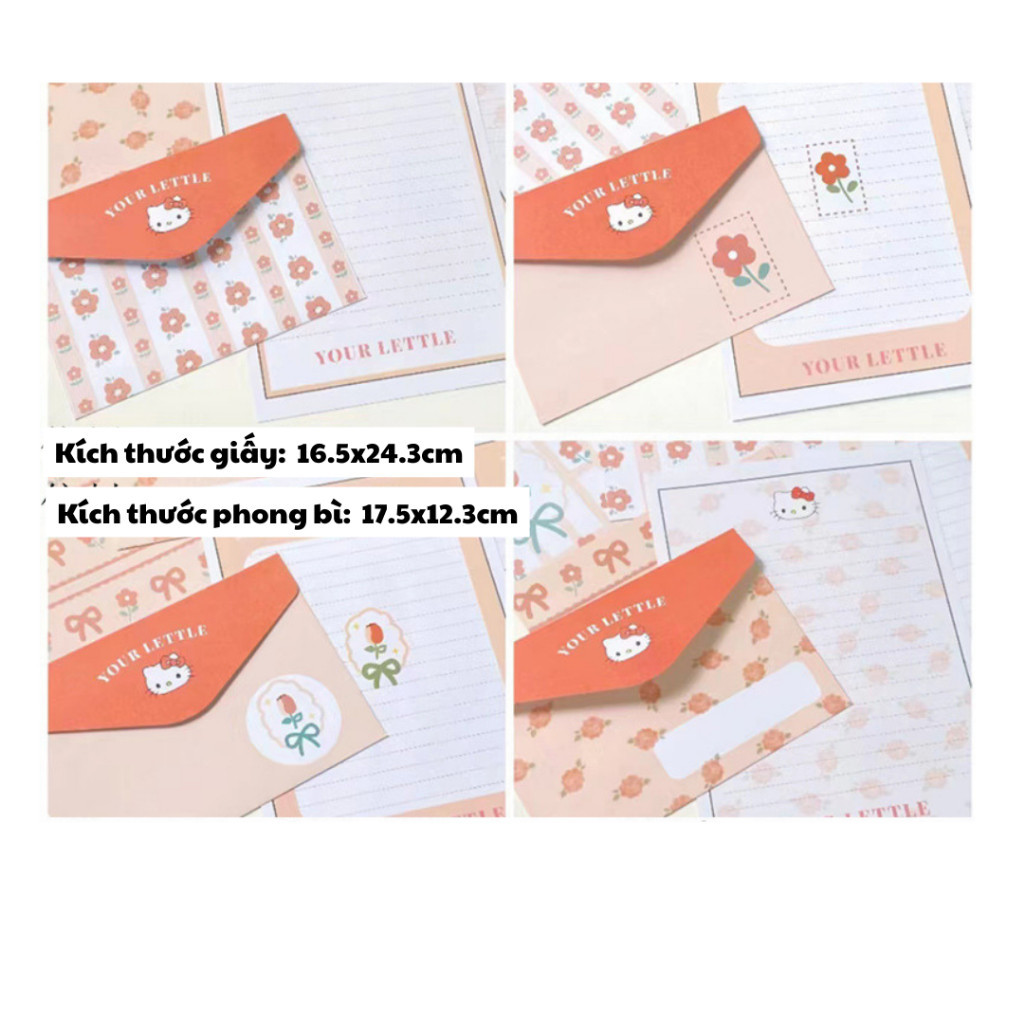 [Combo 3]Set phong bì +giấy viết thư TH33 in hình mèo hồng hoạt hình KT, Bông hoa dễ thương bưu thiếp tặng quà