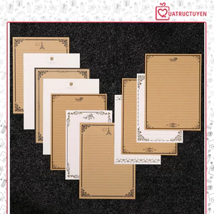 Tập 8 tờ giấy kraft có dòng viết thư, bưu thiếp vintage khung viền cổ điển TH18