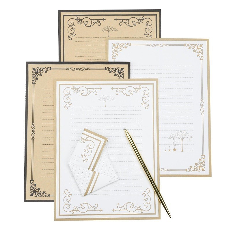 Tập 8 tờ giấy kraft có dòng viết thư, bưu thiếp vintage khung viền cổ điển TH18