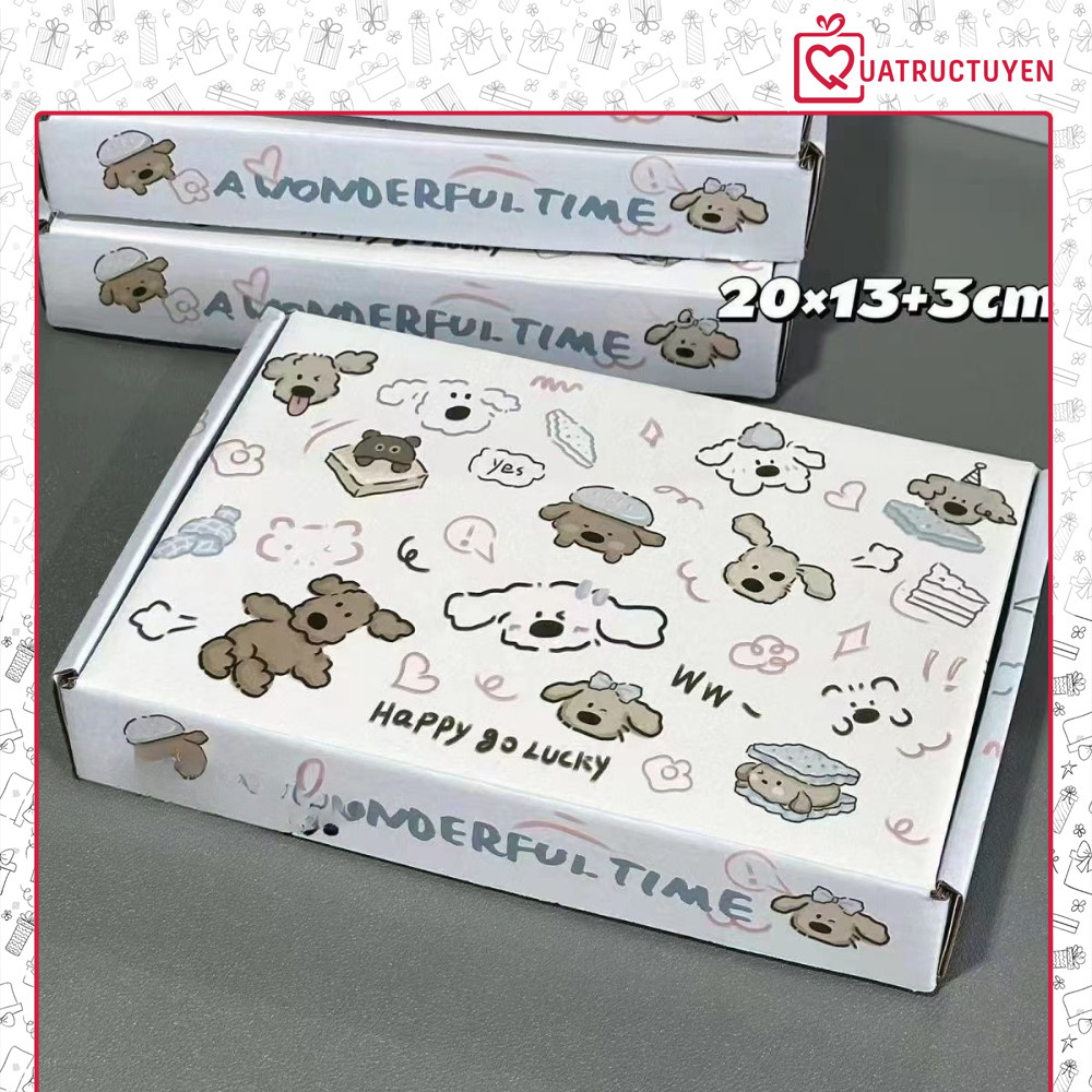 Hộp kiểu nắp gấp pizza đựng quà  20*13*3cm H54 in hình họa tiết hoạt hình dễ thương, hộp giấy handmade