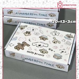 Hộp kiểu nắp gấp pizza đựng quà 20*13*3cm H54 in hình họa tiết hoạt hình dễ thương, hộp giấy handmade