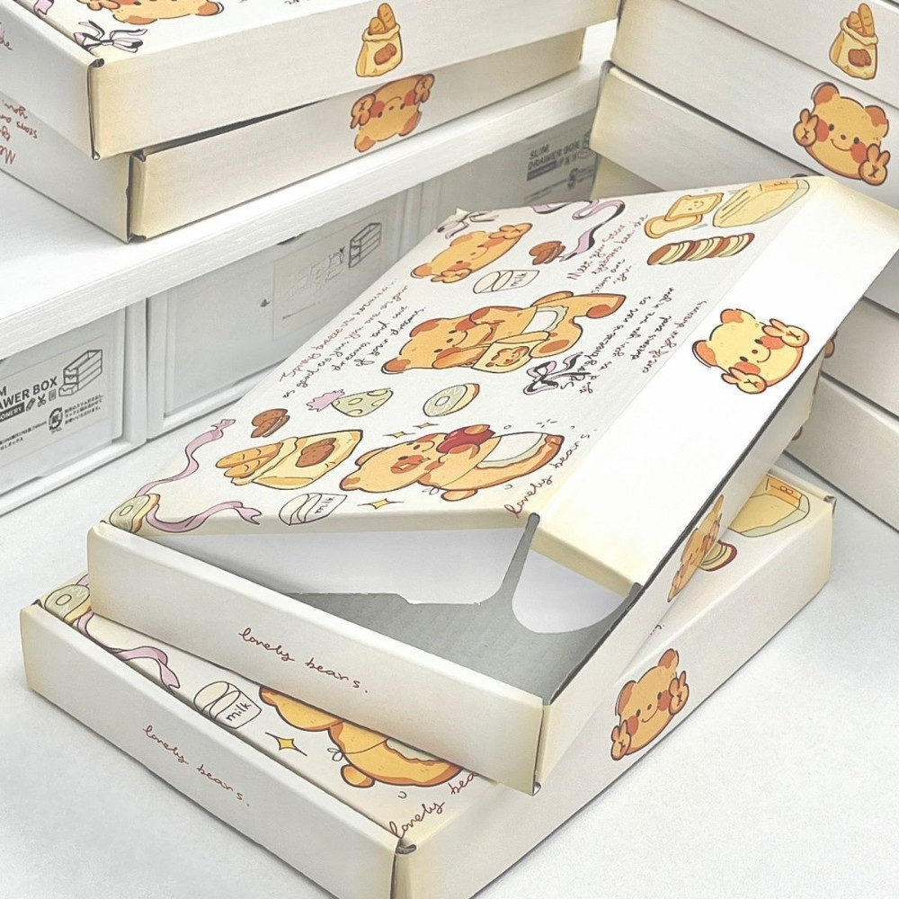 Hộp kiểu nắp gấp pizza đựng quà  20*13*3cm H54 in hình họa tiết hoạt hình dễ thương, hộp giấy handmade