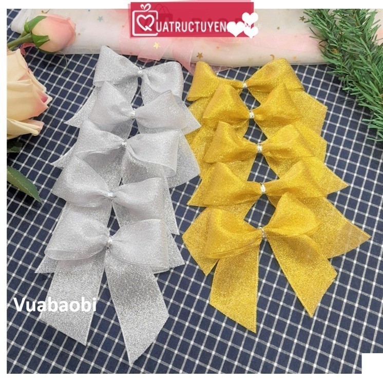 Set 10 nơ nhũ (bạc/vàng) trang trí Giáng Sinh, cây thông - Vua Bao Bì, nơ nhũ kim tuyến
