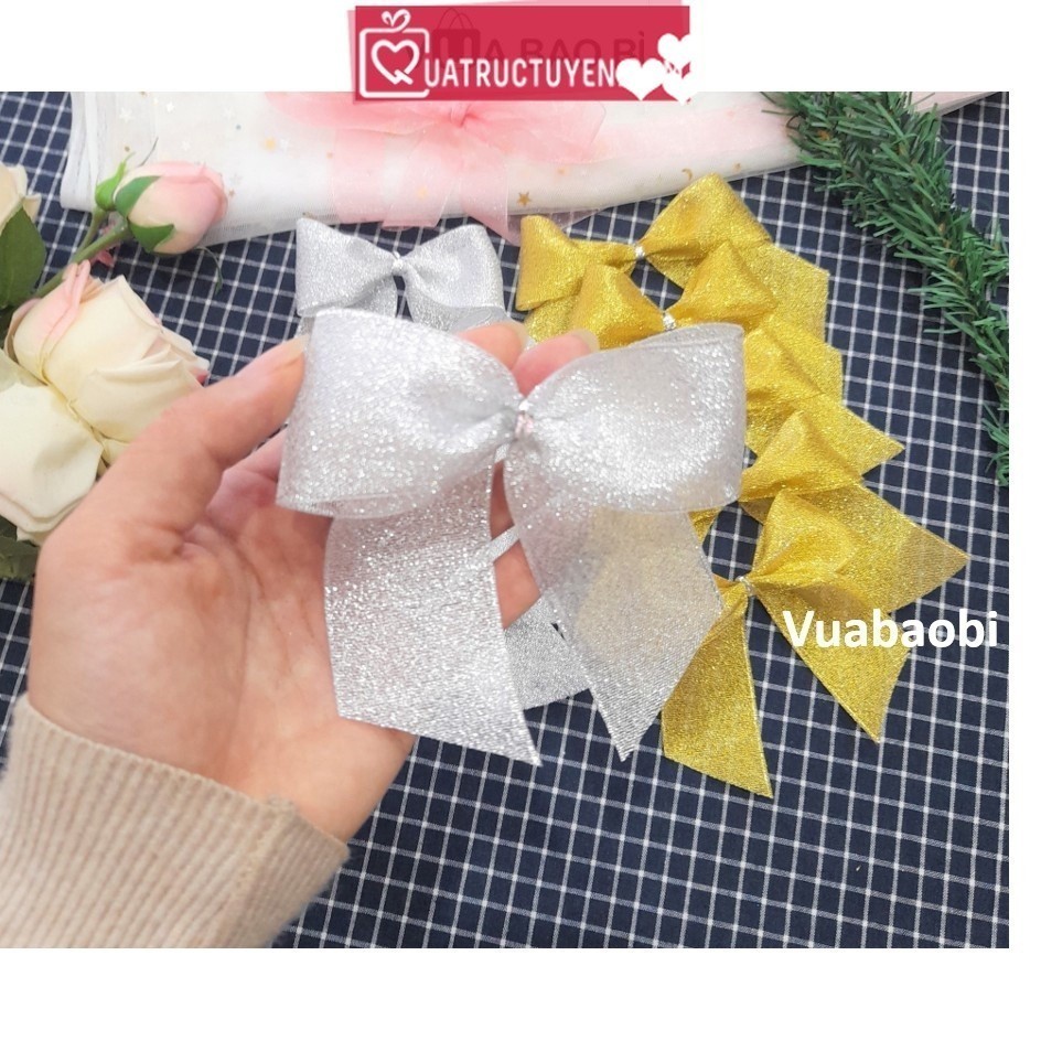 Set 10 nơ nhũ (bạc/vàng) trang trí Giáng Sinh, cây thông - Vua Bao Bì, nơ nhũ kim tuyến