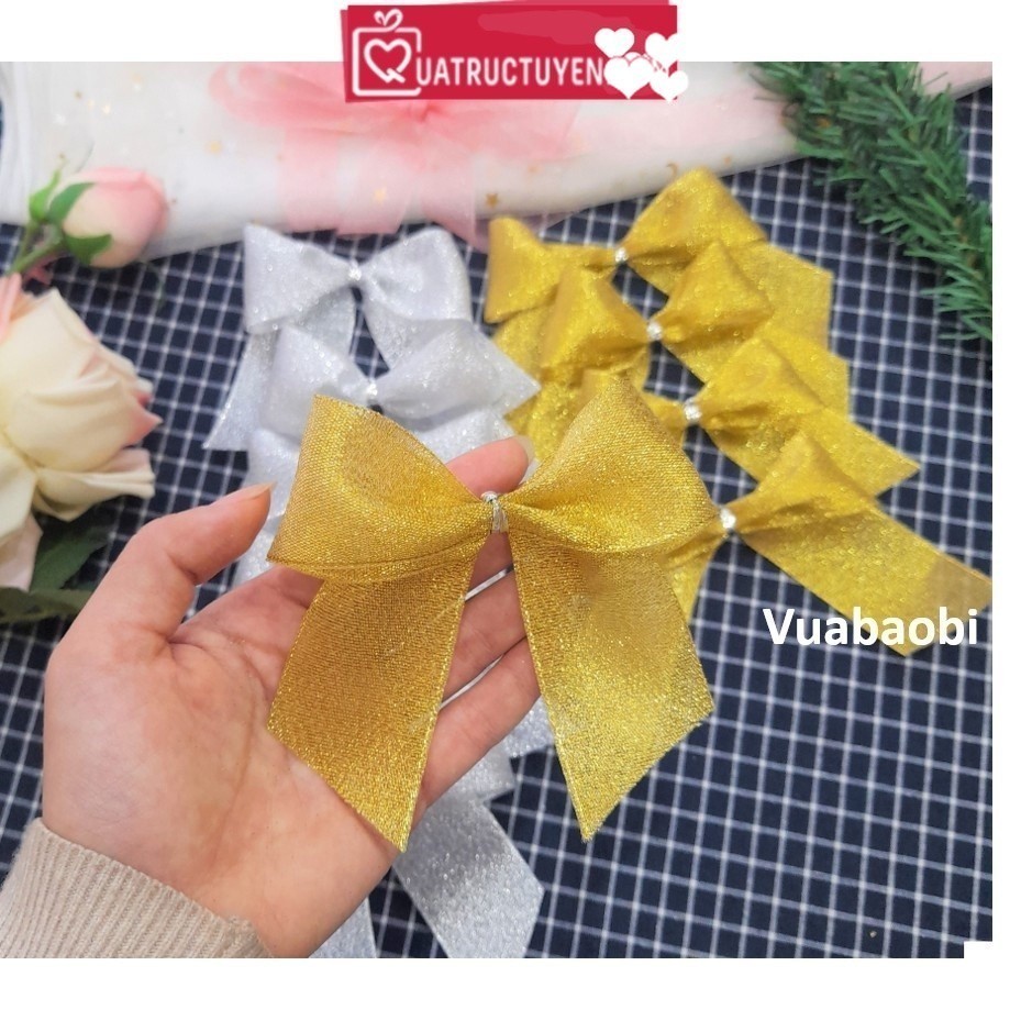 Set 10 nơ nhũ (bạc/vàng) trang trí Giáng Sinh, cây thông - Vua Bao Bì, nơ nhũ kim tuyến