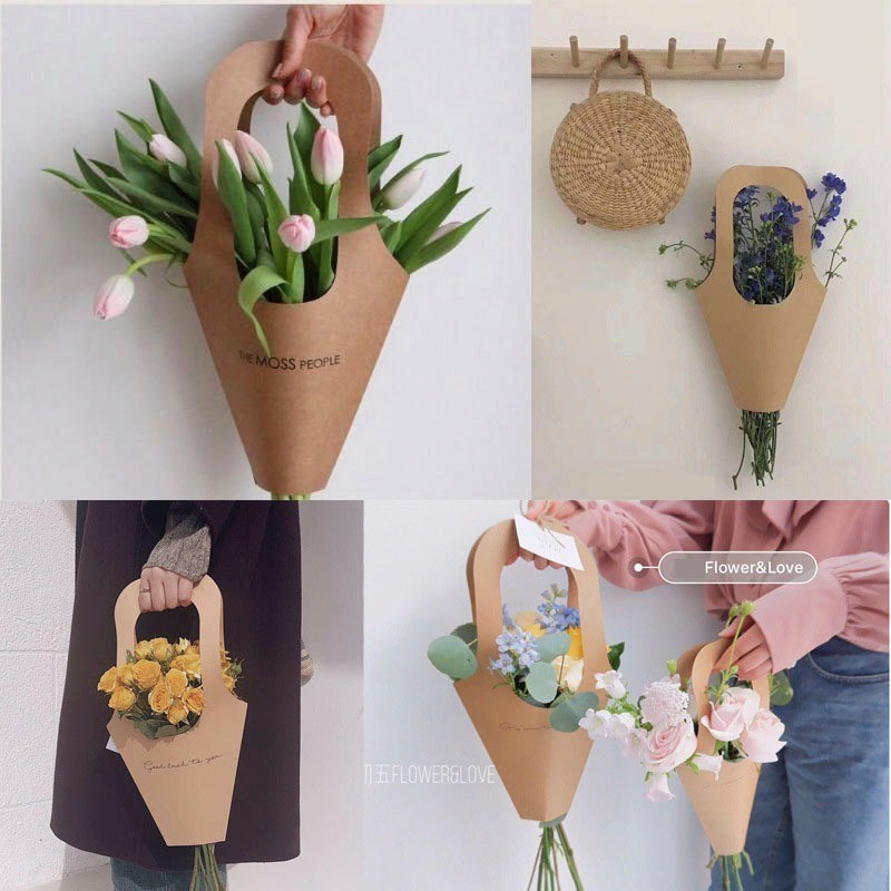 [Combo 3] Túi đựng hoa hình ốc quế quai cầm H34 , túi giấy xi măng kraft để bó hoa  phong cách vintage