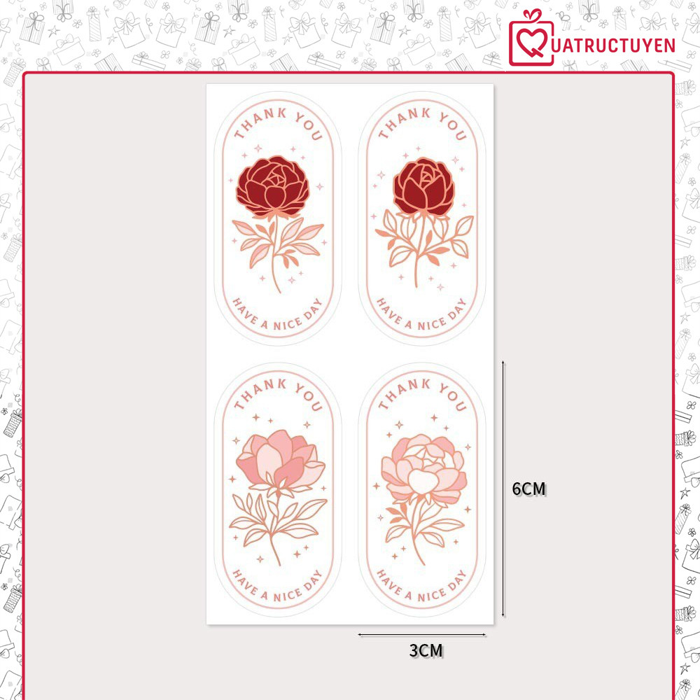 Combo 100 tem decal hoa hồng 3*6cm in chữ Thank you TE47 sticker dán trang trí hộp túi đóng hàng, bao bì