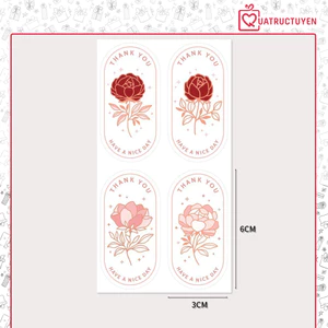 Combo 100 tem decal hoa hồng 3*6cm in chữ Thank you TE47 sticker dán trang trí hộp túi đóng hàng, bao bì