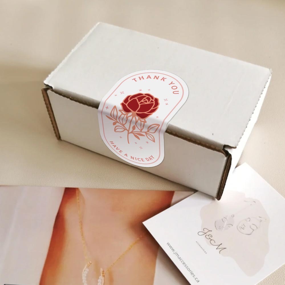 Combo 100 tem decal hoa hồng 3*6cm in chữ Thank you TE47 sticker dán trang trí hộp túi đóng hàng, bao bì