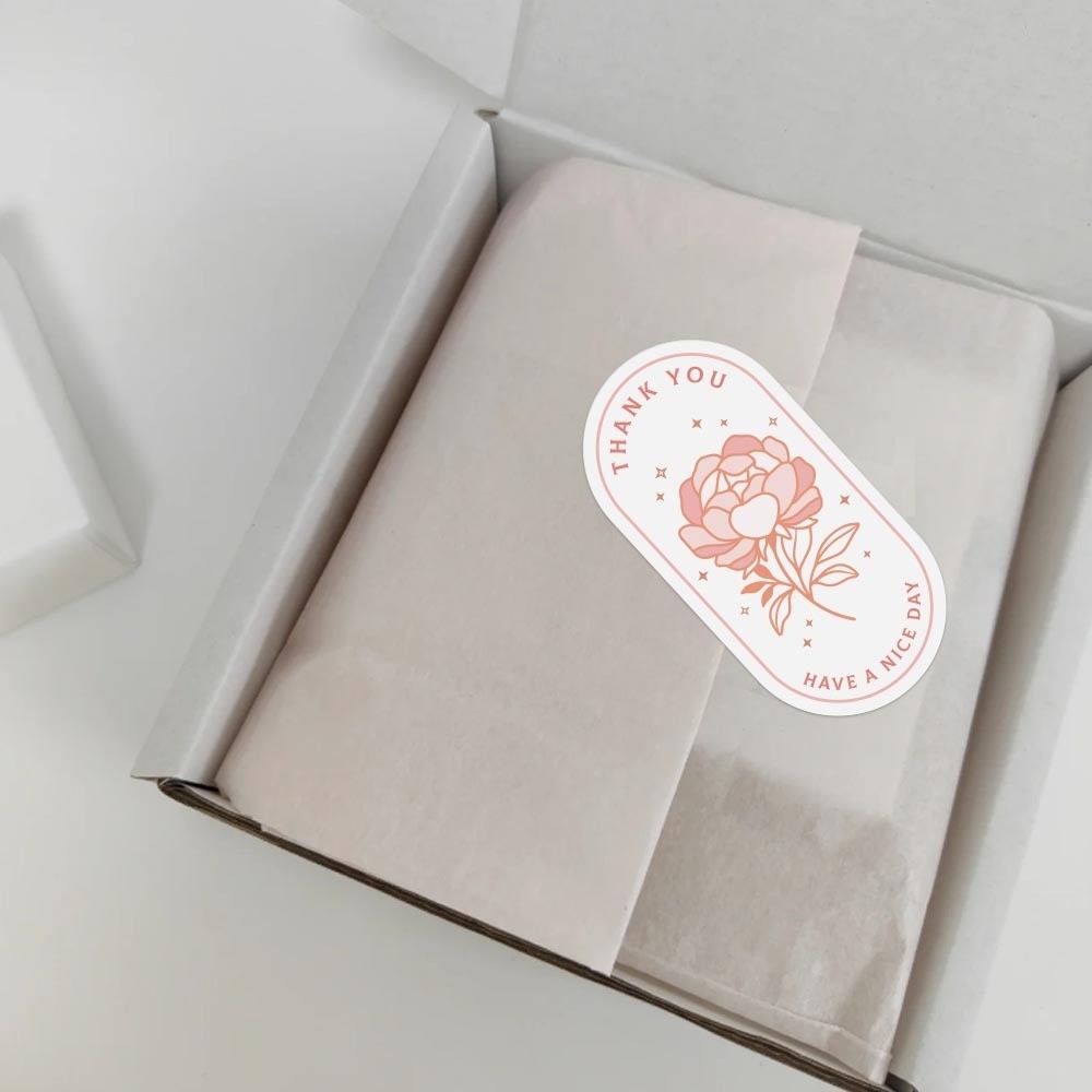 Combo 100 tem decal hoa hồng 3*6cm in chữ Thank you TE47 sticker dán trang trí hộp túi đóng hàng, bao bì