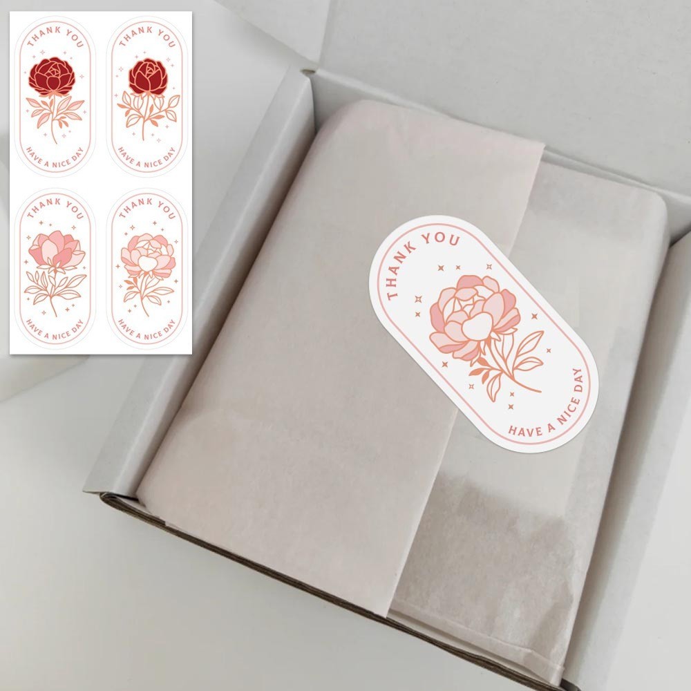 Combo 100 tem decal hoa hồng 3*6cm in chữ Thank you TE47 sticker dán trang trí hộp túi đóng hàng, bao bì