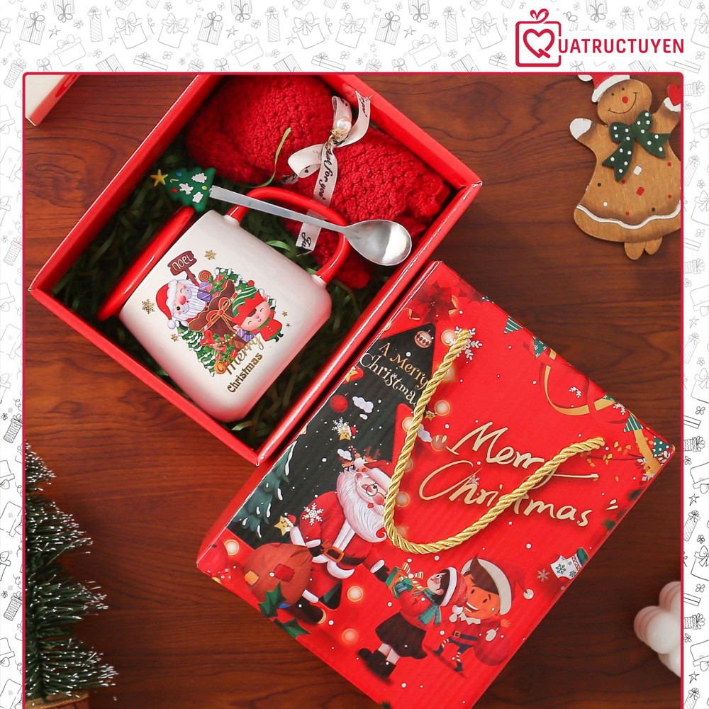 Bộ quà tặng cốc sứ Giáng sinh kèm hộp, Cốc hoạ tiết Noel nền trắng kèm khăn gấu