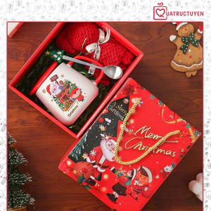 Bộ quà tặng cốc sứ Giáng sinh kèm hộp, Cốc hoạ tiết Noel nền trắng kèm khăn gấu
