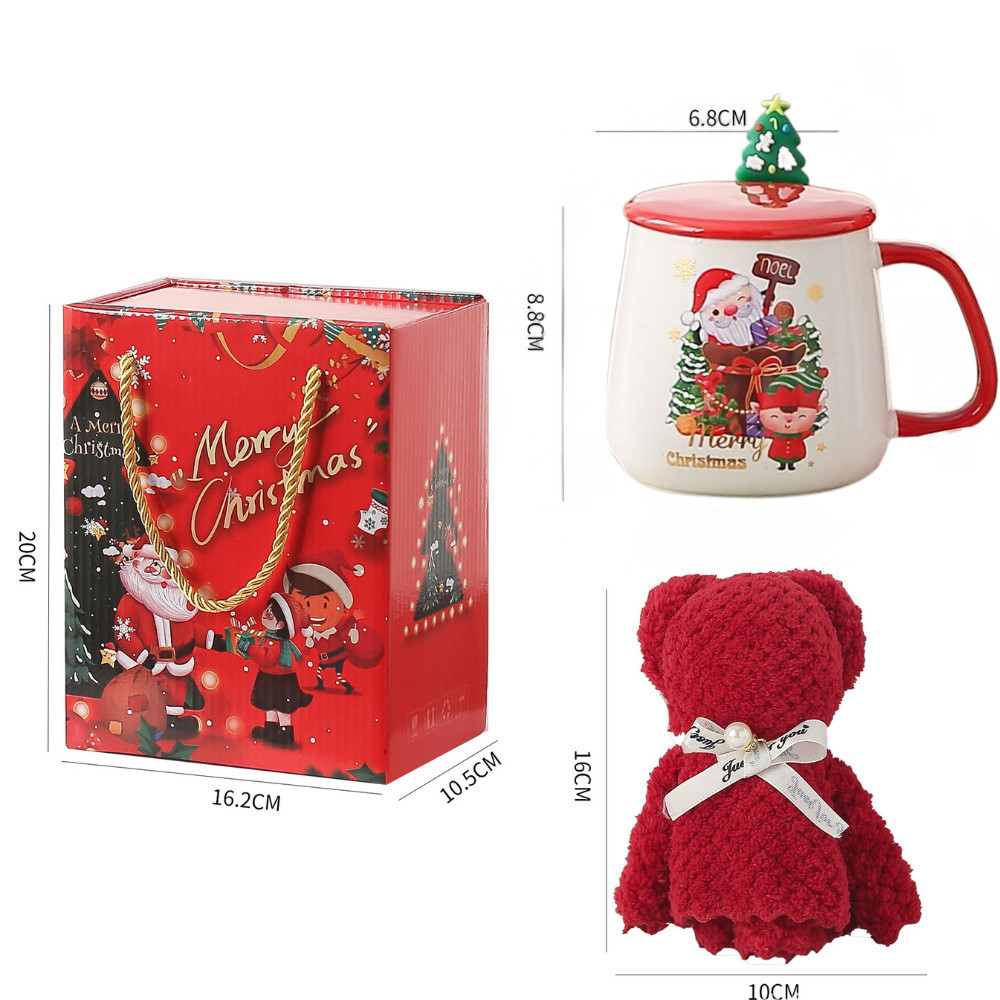 Bộ quà tặng cốc sứ Giáng sinh kèm hộp, Cốc hoạ tiết Noel nền trắng kèm khăn gấu