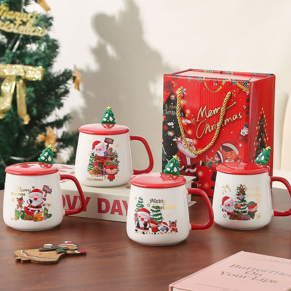 Bộ quà tặng cốc sứ Giáng sinh kèm hộp, Cốc hoạ tiết Noel nền trắng kèm khăn gấu