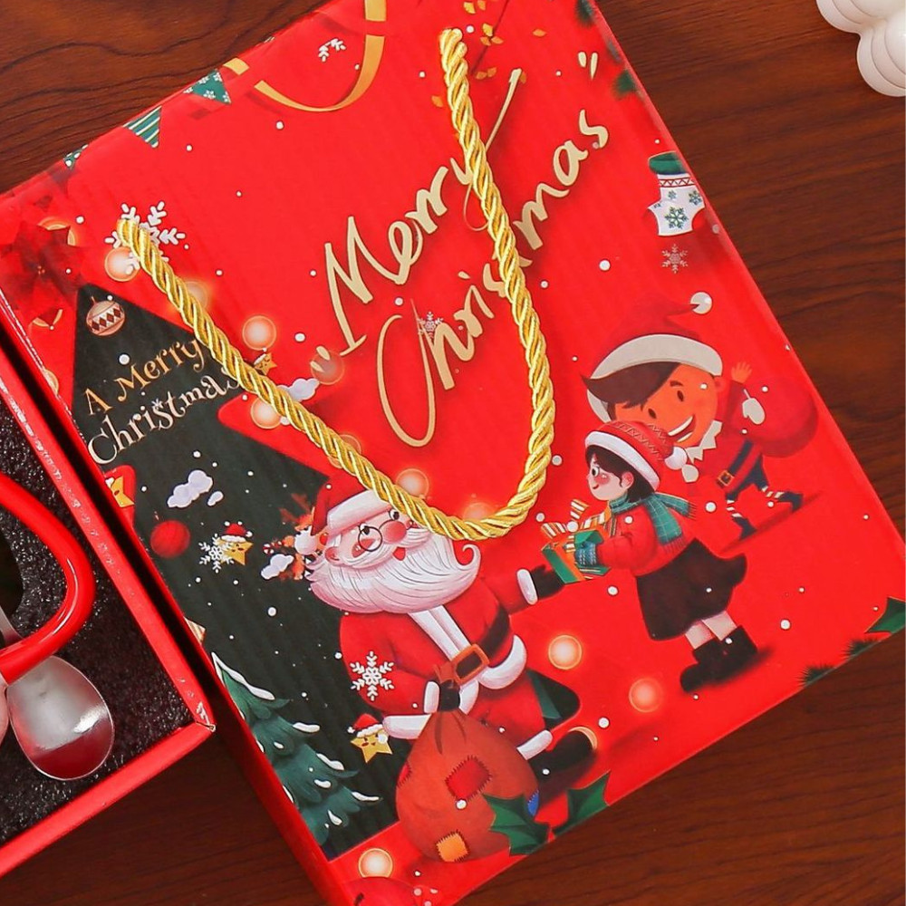 Bộ quà tặng cốc sứ Giáng sinh kèm hộp, Cốc hoạ tiết Noel nền trắng kèm khăn gấu