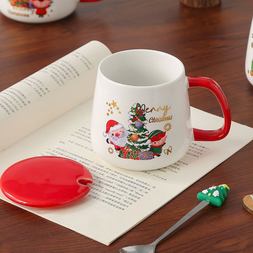 Bộ quà tặng cốc sứ Giáng sinh kèm hộp, Cốc hoạ tiết Noel nền trắng kèm khăn gấu