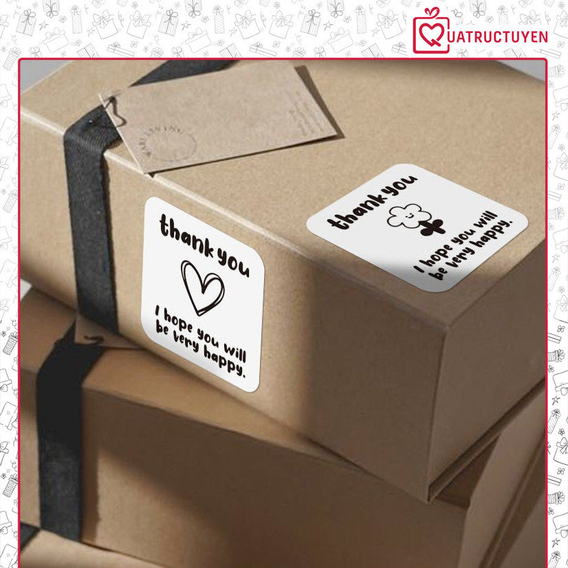 100 tem đen trắng 4x4cm Thank you hoạt hình TE45 decal niêm phong dán hộp túi đóng hàng quà tặng