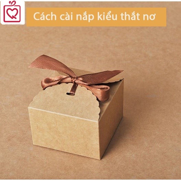 [3-10] Hộp quà sinh nhật kraft vuông nắp cài thắt nơ kèm rơm lót, hộp giấy kraft mini 2 màu H50
