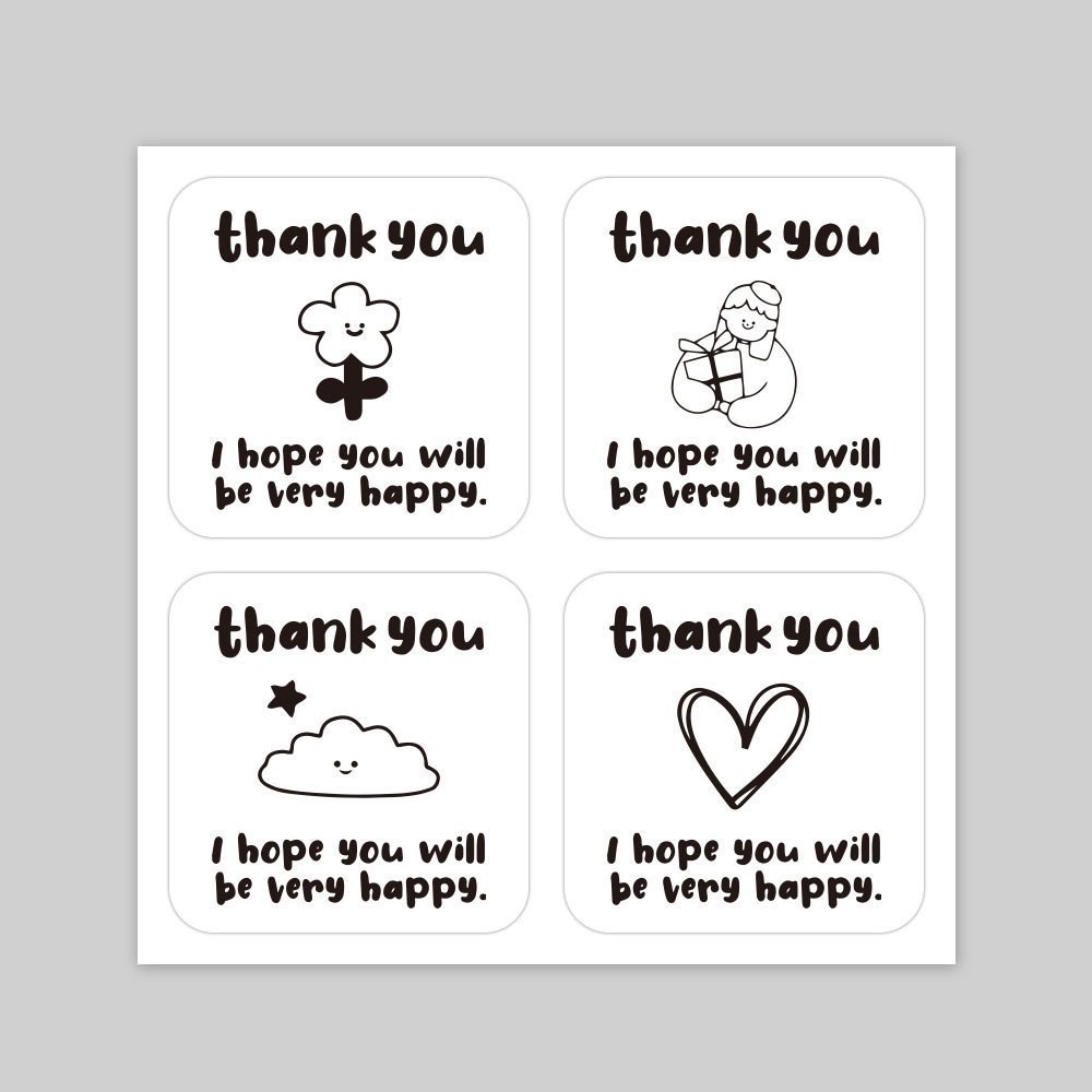 100 tem đen trắng 4x4cm Thank you hoạt hình TE45 decal niêm phong dán hộp túi đóng hàng quà tặng