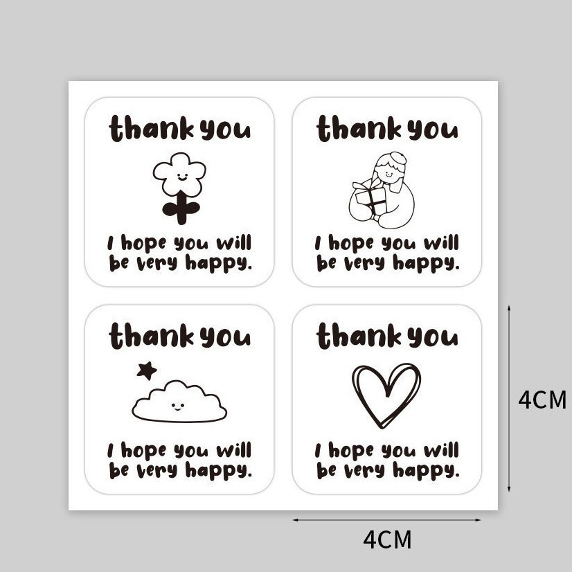 100 tem đen trắng 4x4cm Thank you hoạt hình TE45 decal niêm phong dán hộp túi đóng hàng quà tặng