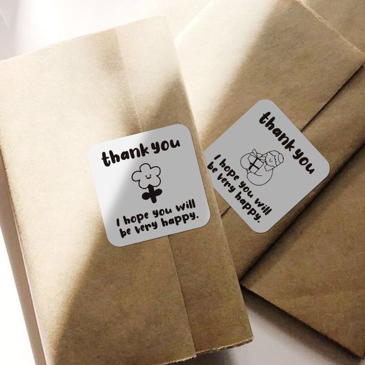 100 tem đen trắng 4x4cm Thank you hoạt hình TE45 decal niêm phong dán hộp túi đóng hàng quà tặng