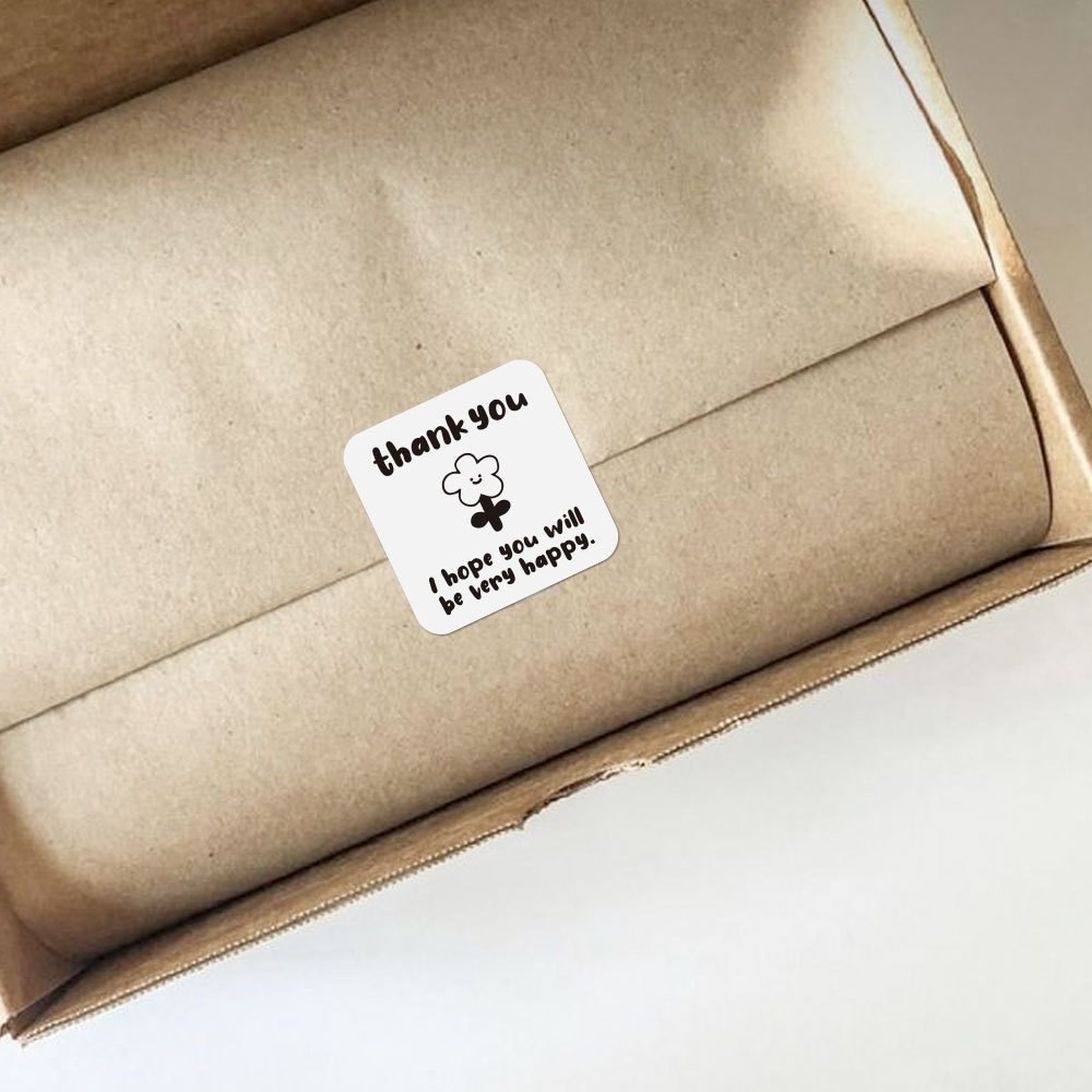 100 tem đen trắng 4x4cm Thank you hoạt hình TE45 decal niêm phong dán hộp túi đóng hàng quà tặng