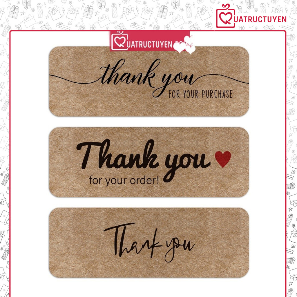Cuộn 120 TE29 sticker Thank you màu kraft , tem dán chữ nhật in mẫu cảm ơn trang trí bao bì quà tặng