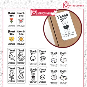 100 Tem hoạt hình Thank you đen trắng, màu sắc TE22 dán hộp đóng hàng niêm phong bao bì