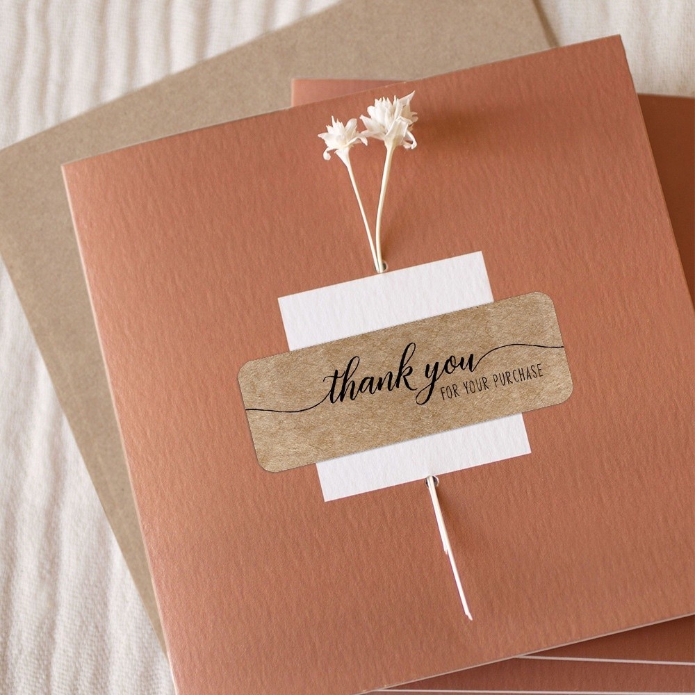 Cuộn 120 TE29 sticker Thank you màu kraft , tem dán chữ nhật in mẫu cảm ơn trang trí bao bì quà tặng